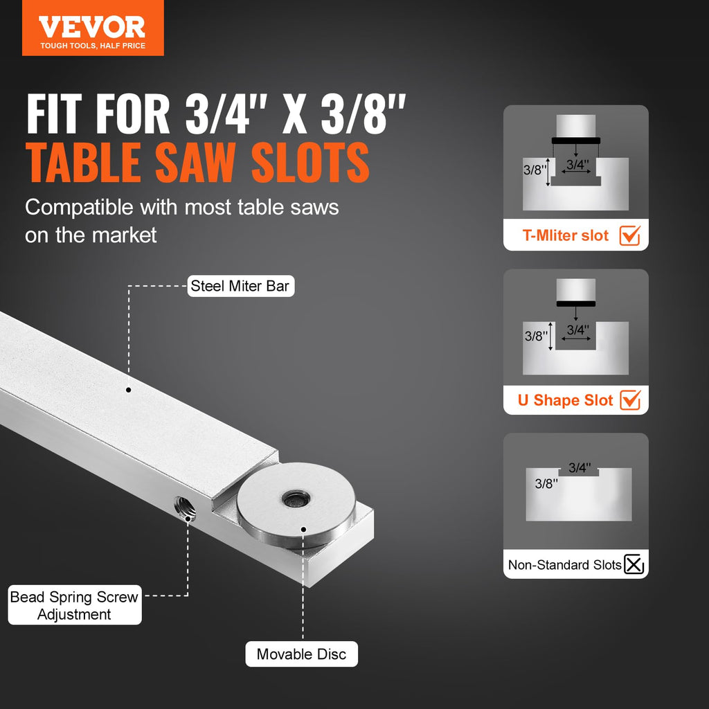 Precision Miter Gauge, 3/4'' x 3/8'', Aluminum Alloy Table Saw Miter Gauge with 15 Angle Stops M584