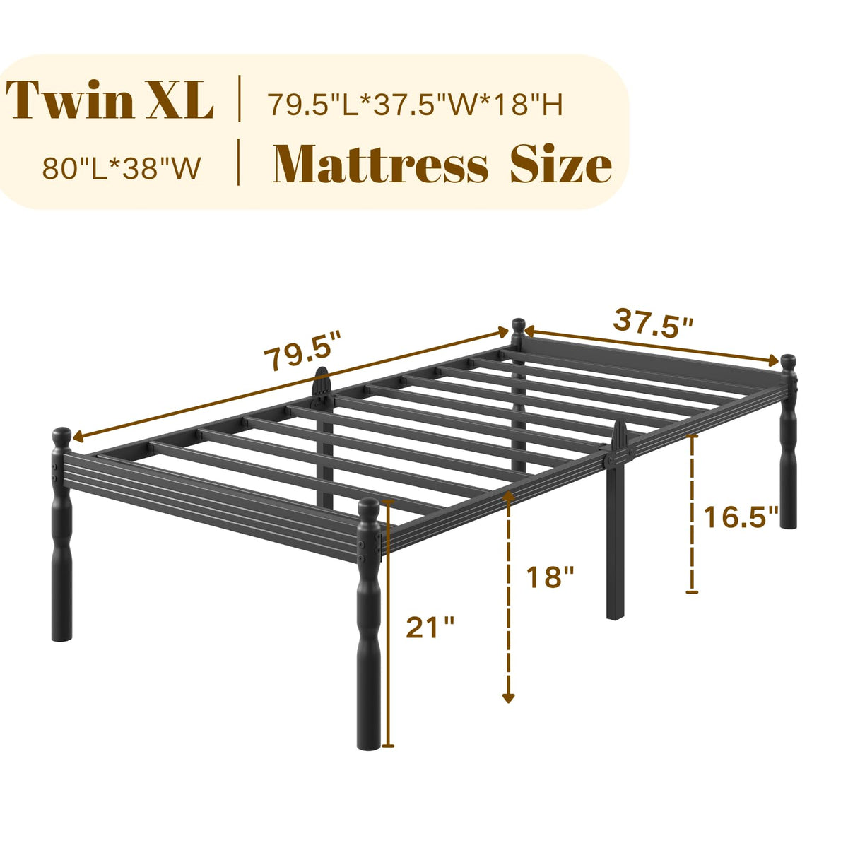 Twin XL Size 18" Black Metal Bed Frame with Storage G8941