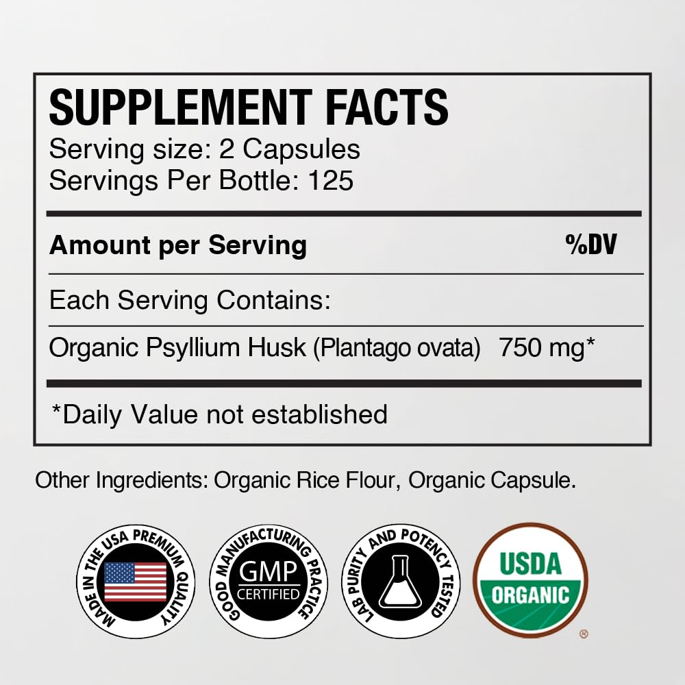 Organic Psyllium Husk Capsules 750 mg, 250 Capsules X45391