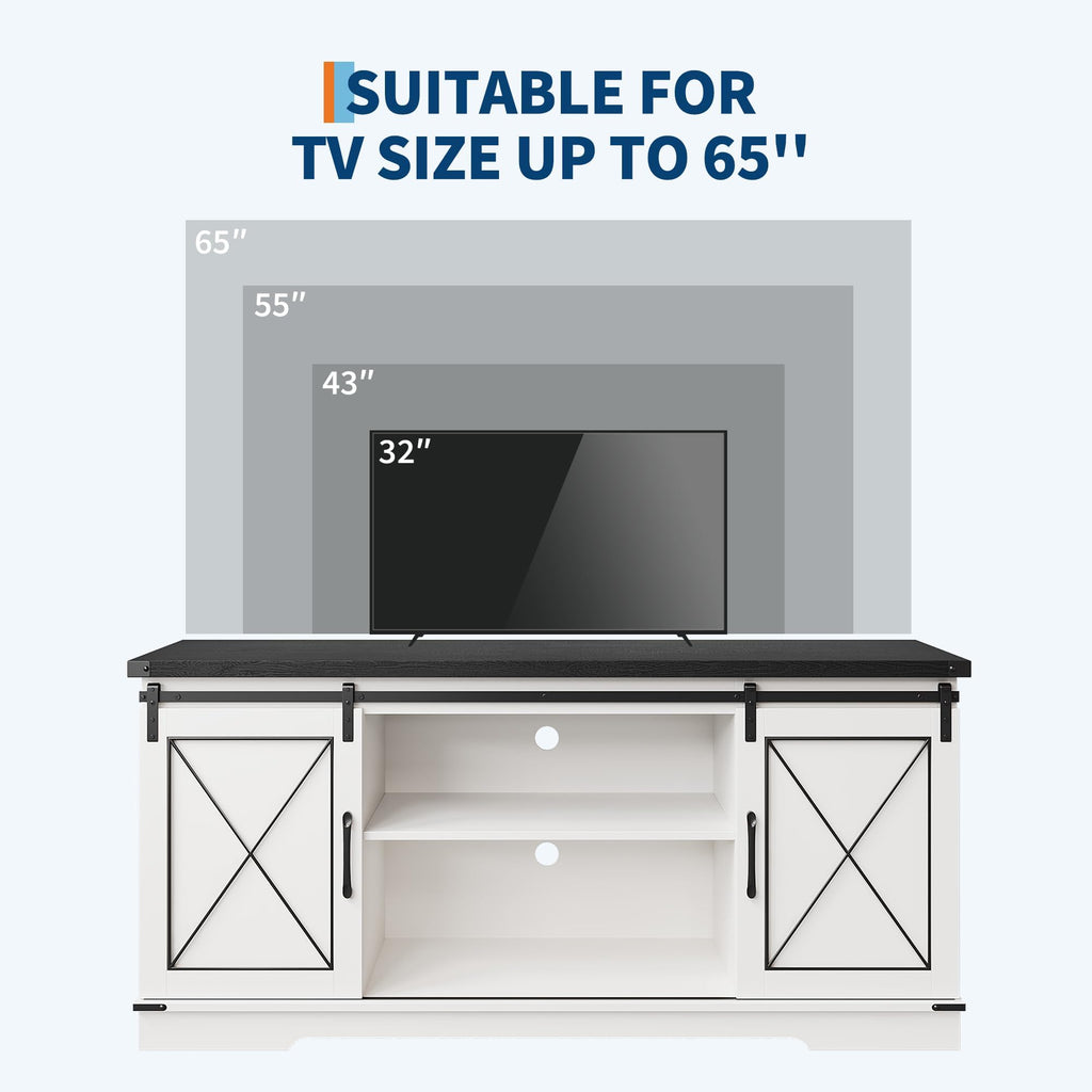 White Rustic Farmhouse TV Stand with Sliding Barn Doors E56816
