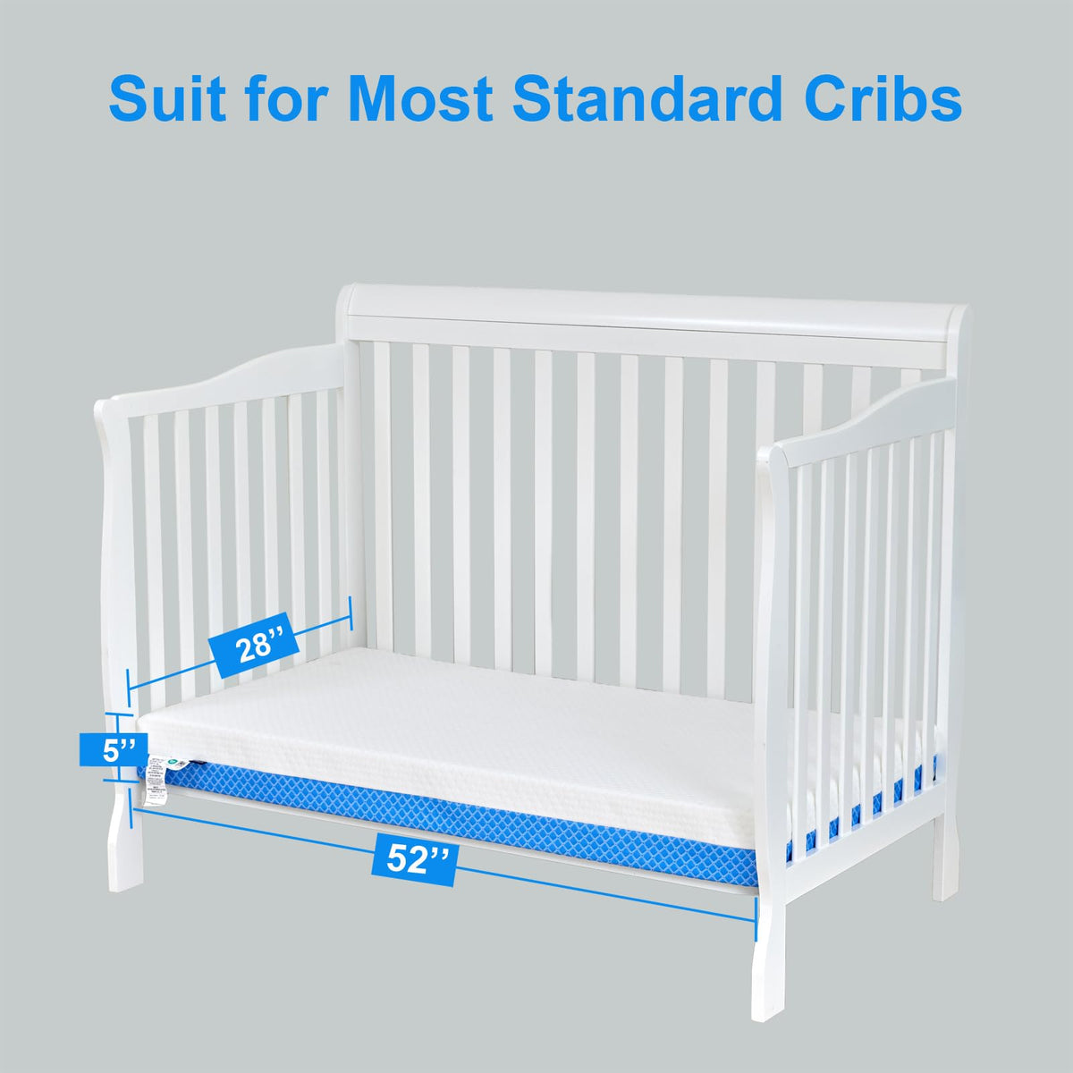 White Blue Gel Memory Foam Baby Crib Mattress 52 x 28 x 5 Inches H248