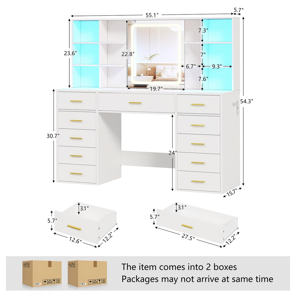 55" Extra-Wide White Makeup Vanity Desk with Lighted Mirror & 11 Drawers K523066