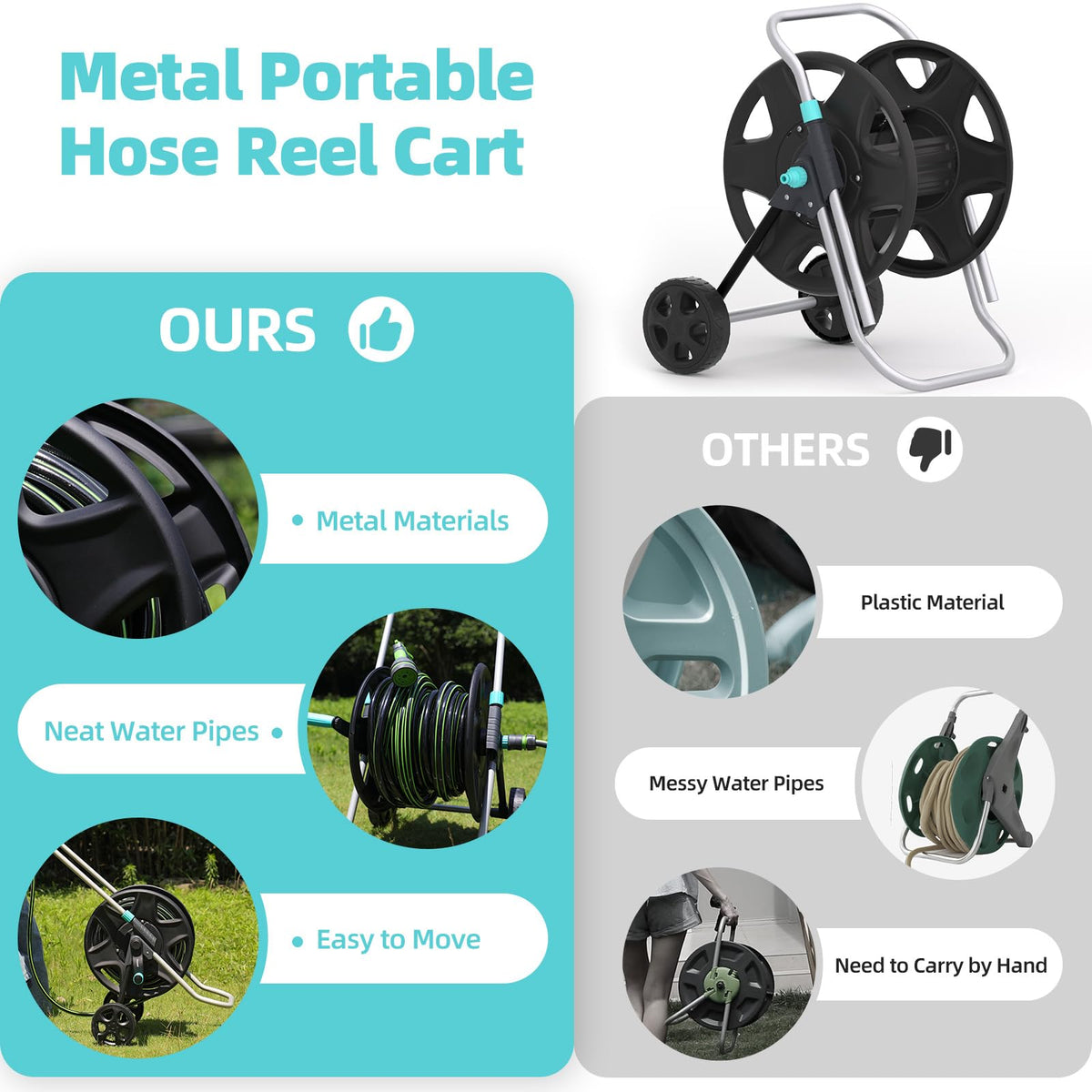 Metal Heavy Duty Garden Hose Reel Cart with Wheels I973608