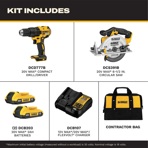 20V MAX Cordless Drill Driver and Circular Saw Combo Kit with 2 Ah Batteries and Charger D309