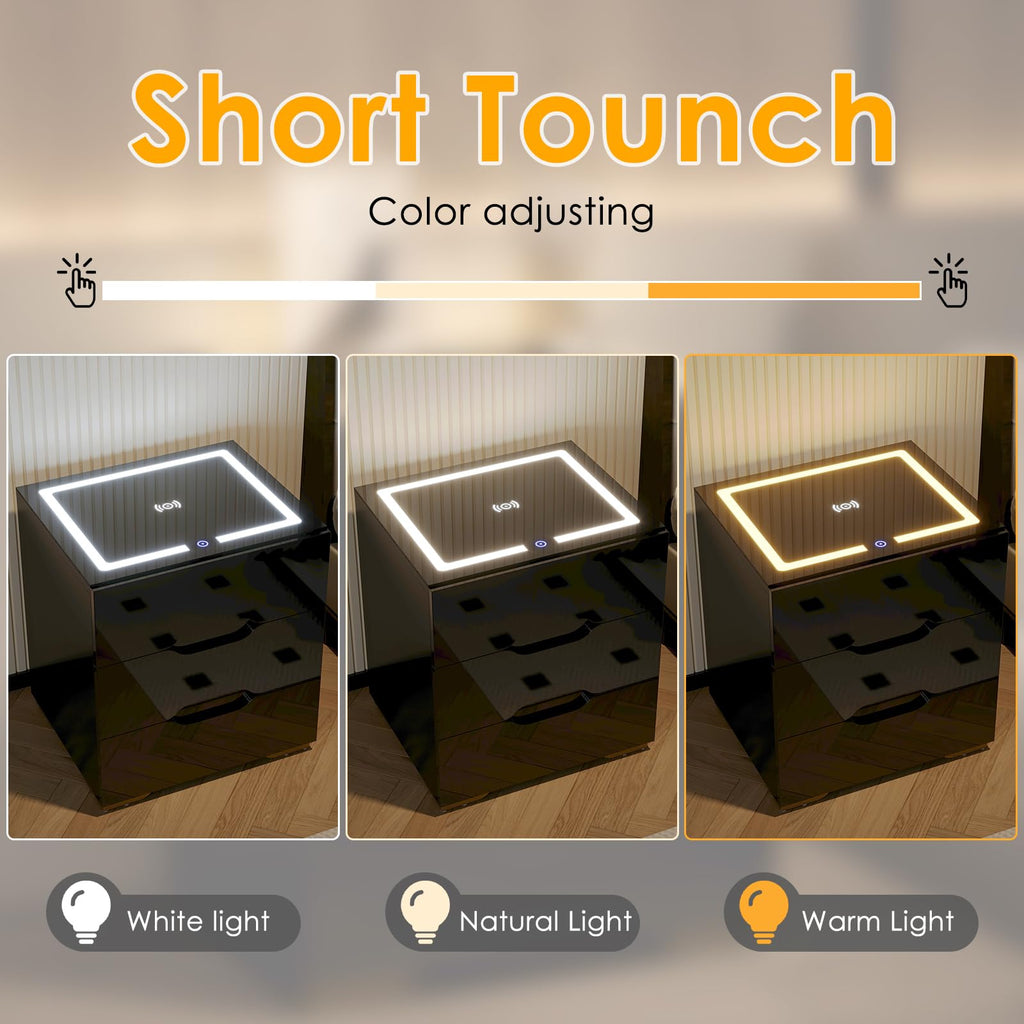 LED Nightstand with Wireless Charging Station 3 Drawers P226889