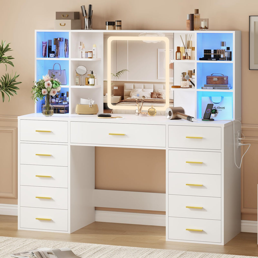55" Extra-Wide White Makeup Vanity Desk with Lighted Mirror & 11 Drawers K523066