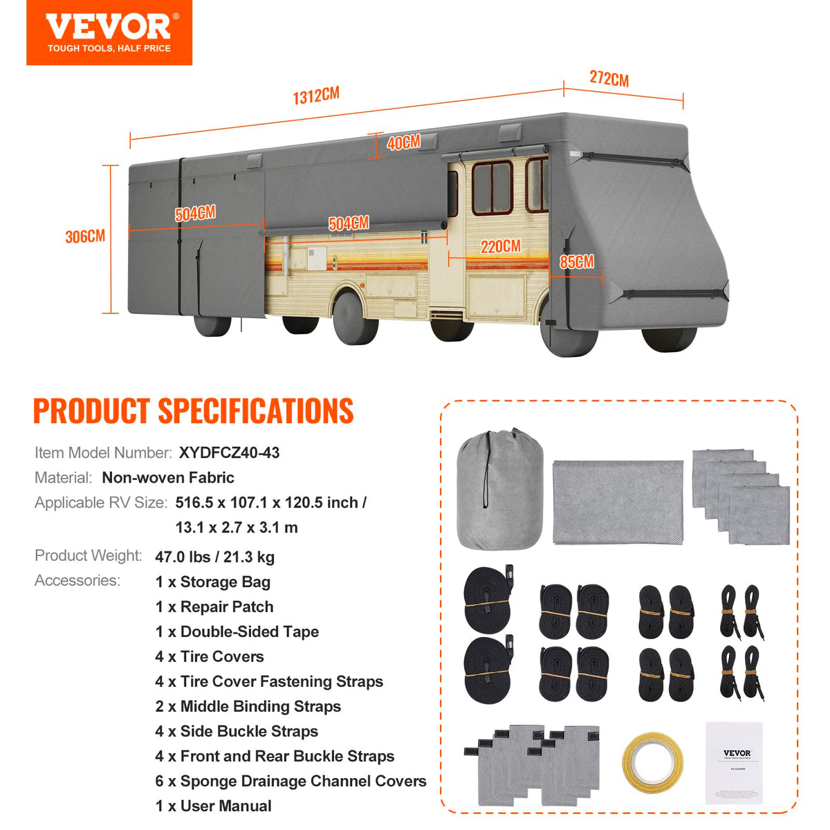 40-43 ft Non-Woven Fabric Waterproof RV Cover with Storage Bag K892251