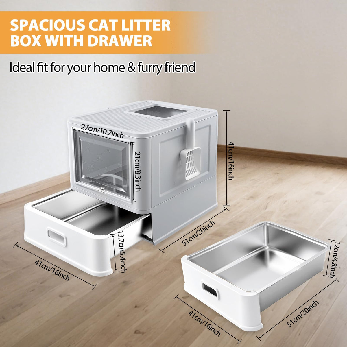 XL Stainless Steel Cat Litter Box with Drawer Q157003