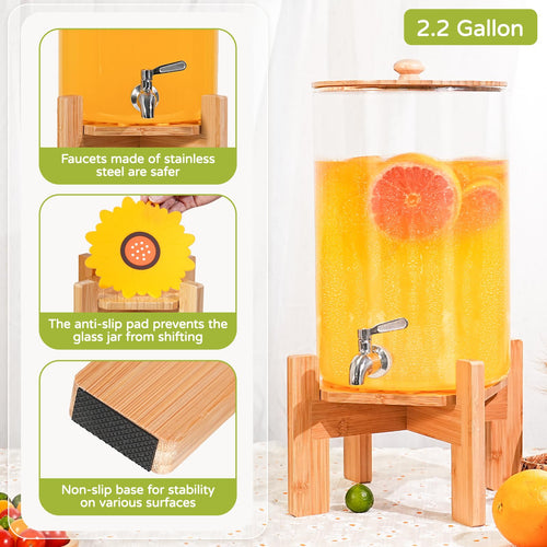 2.2 Gallon Glass Beverage Dispenser with Wood Stand and Stainless Steel Spigot H30534