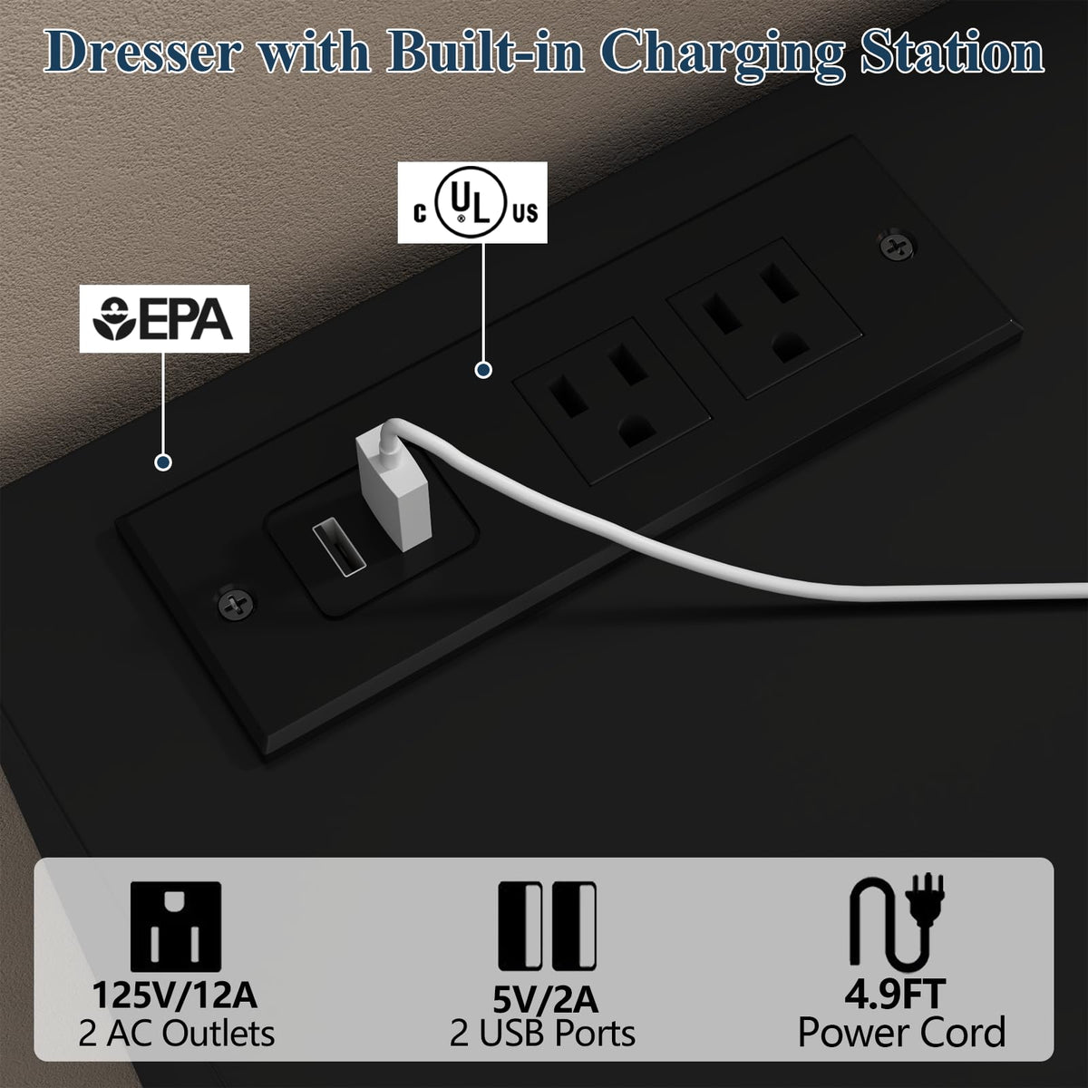 Black 12-Cell Divided Drawers Dresser with Charging Station D468