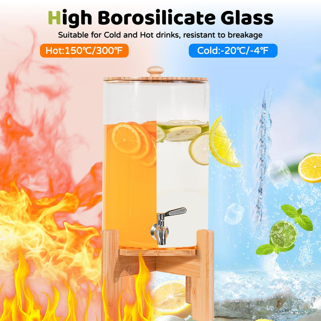 2.2 Gallon Glass Beverage Dispenser with Wood Stand and Stainless Steel Spigot H30534