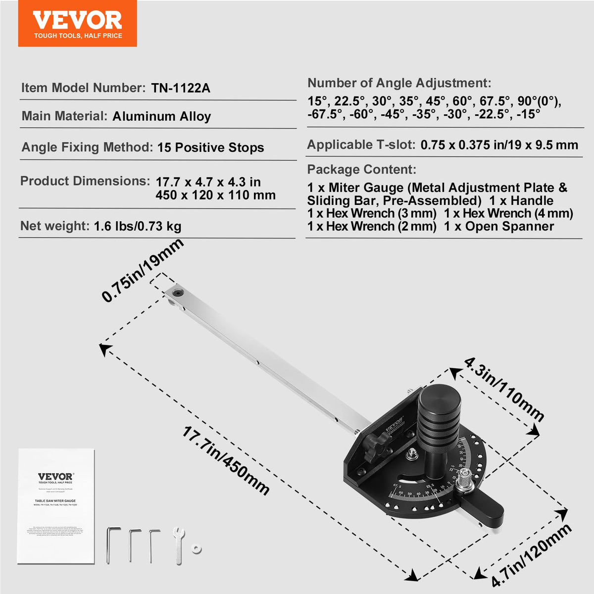 Precision Miter Gauge, 3/4'' x 3/8'', Aluminum Alloy Table Saw Miter Gauge with 15 Angle Stops M584