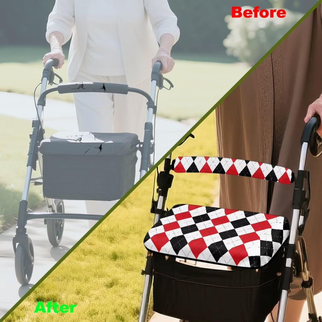 Red Diamond Pattern Rollator Walker Seat & Backrest Covers Set M869585