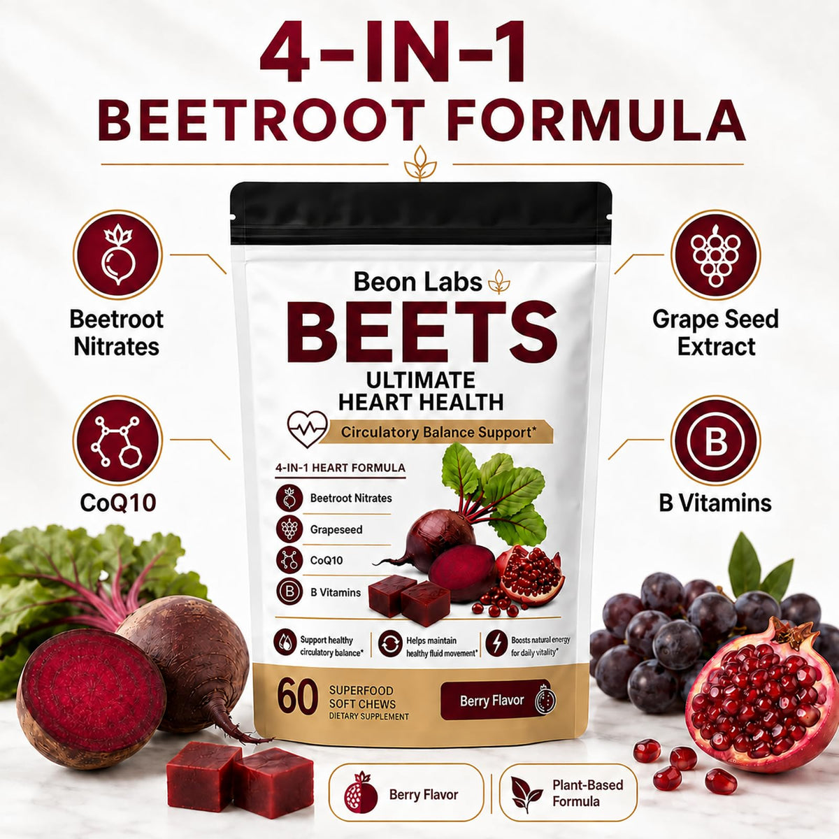 Beetroot Chews with CoQ10 & Grape Seed Extract, 60 Chews J858
