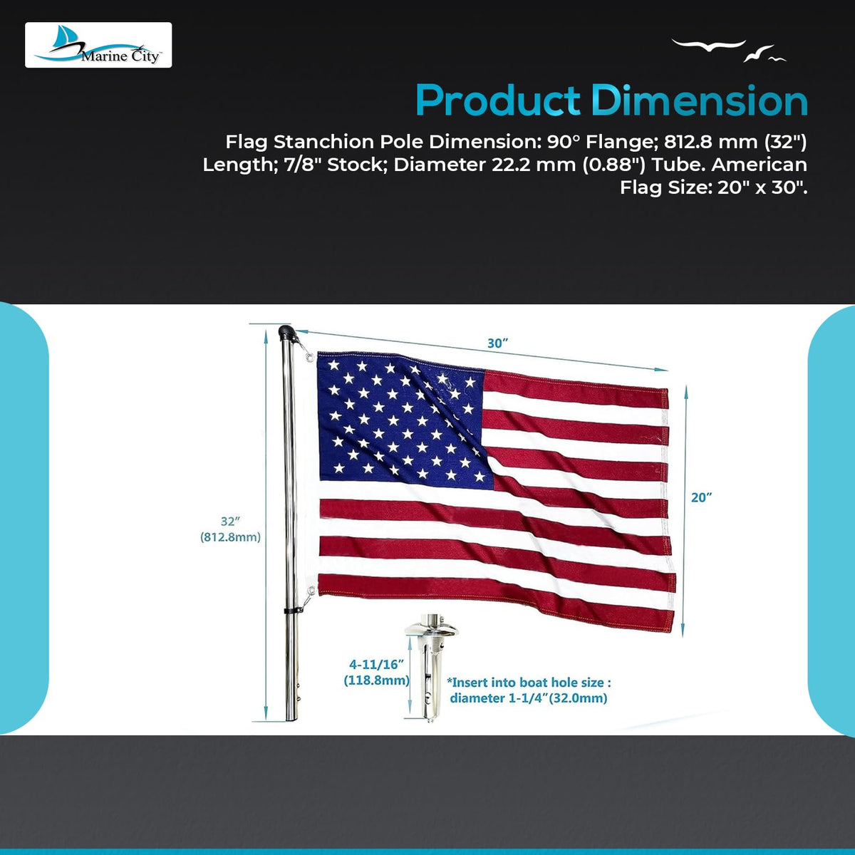 32-Inch Flag Stanchion Pole Kit 304 Stainless Steel J783