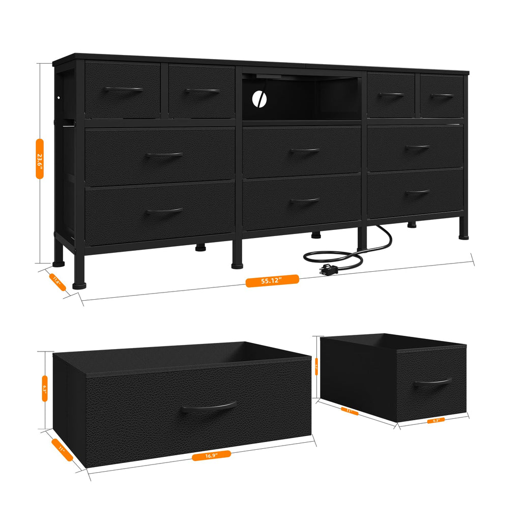 Black Dresser with LED Lights and Power Outlets, 10 Drawers Dresser L931