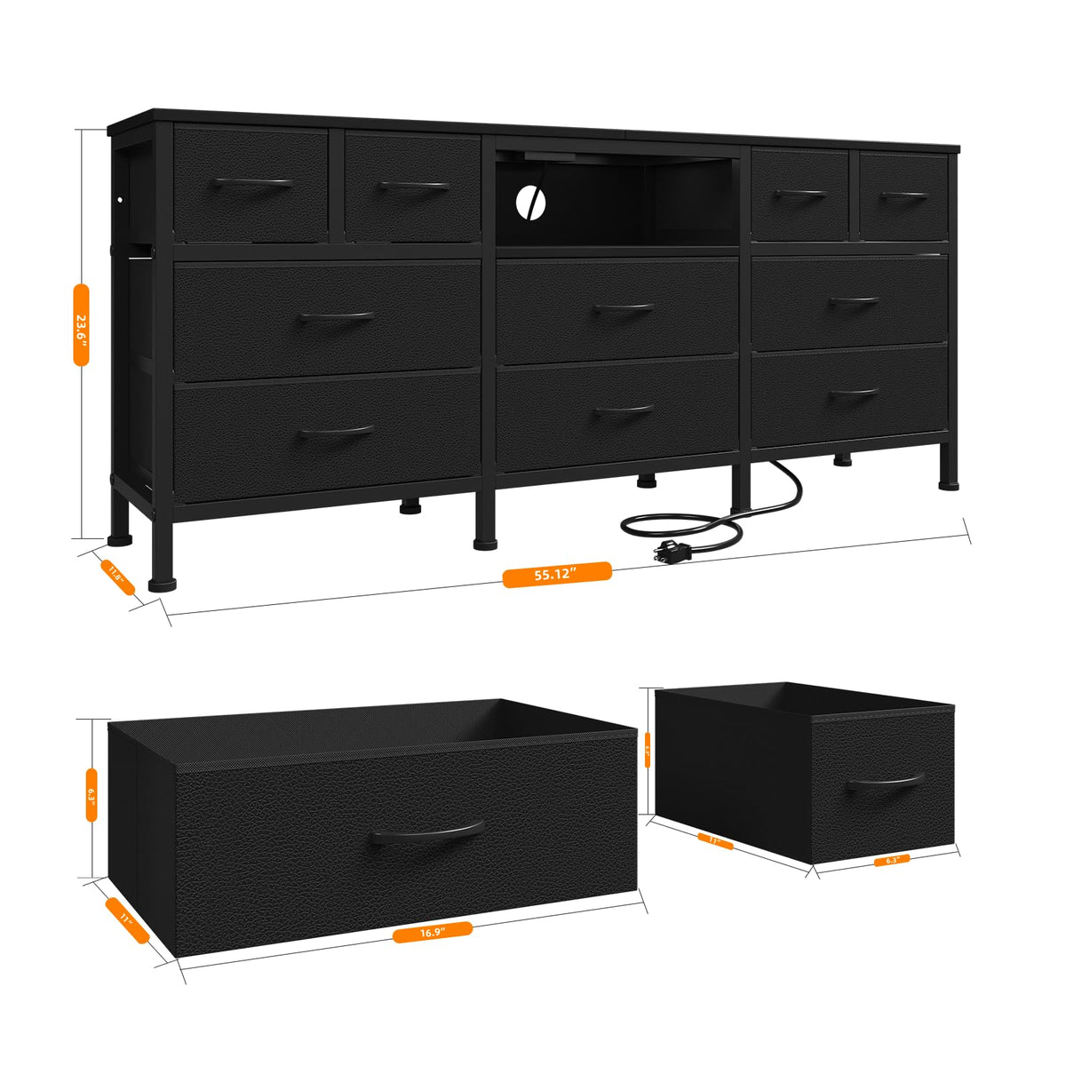 Black Dresser with LED Lights and Power Outlets, 10 Drawers Dresser L931