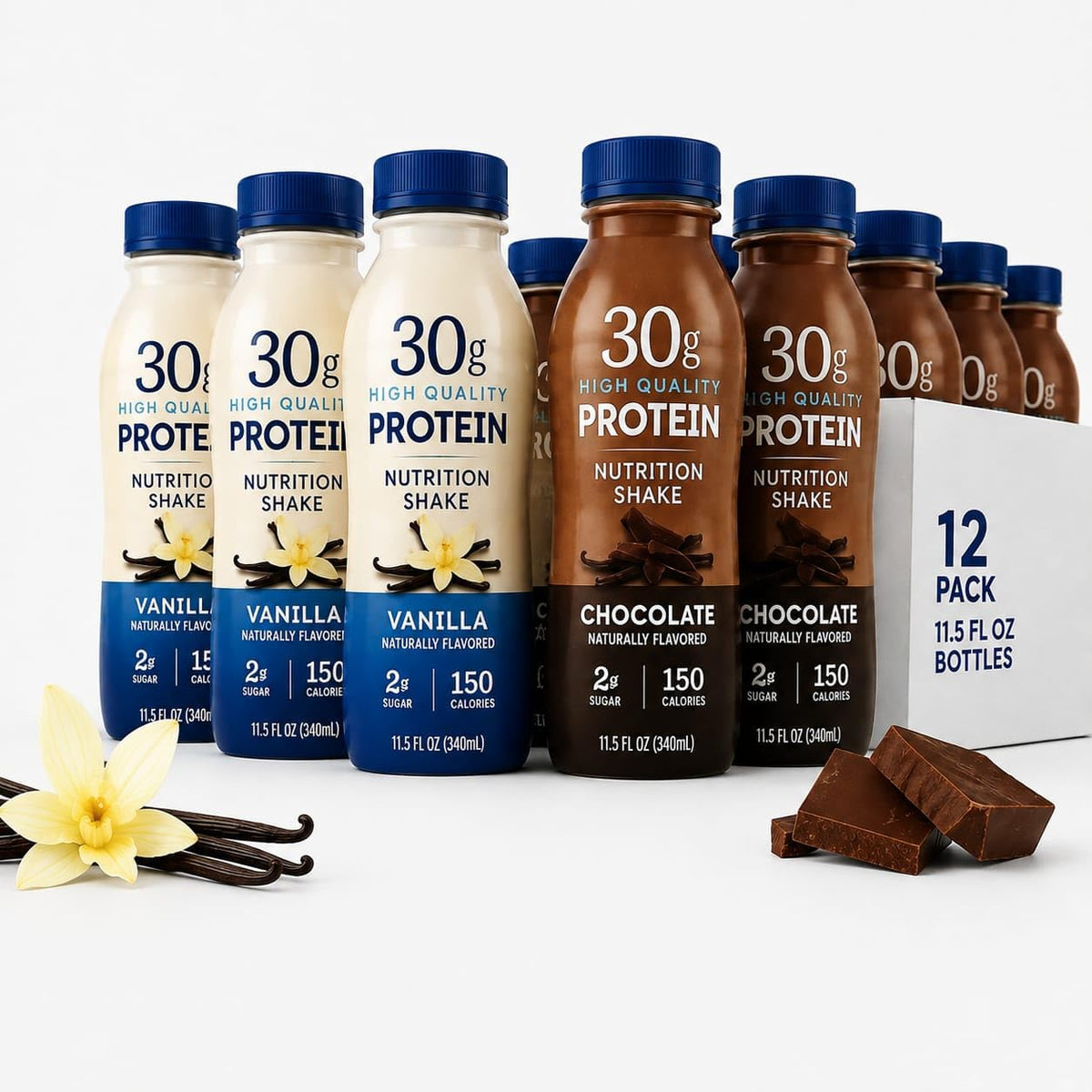 High Protein Nutrition Shake, Vanilla & Chocolate Flavor 30g, 12 Pack, 11.5 fl oz Bottles E2689