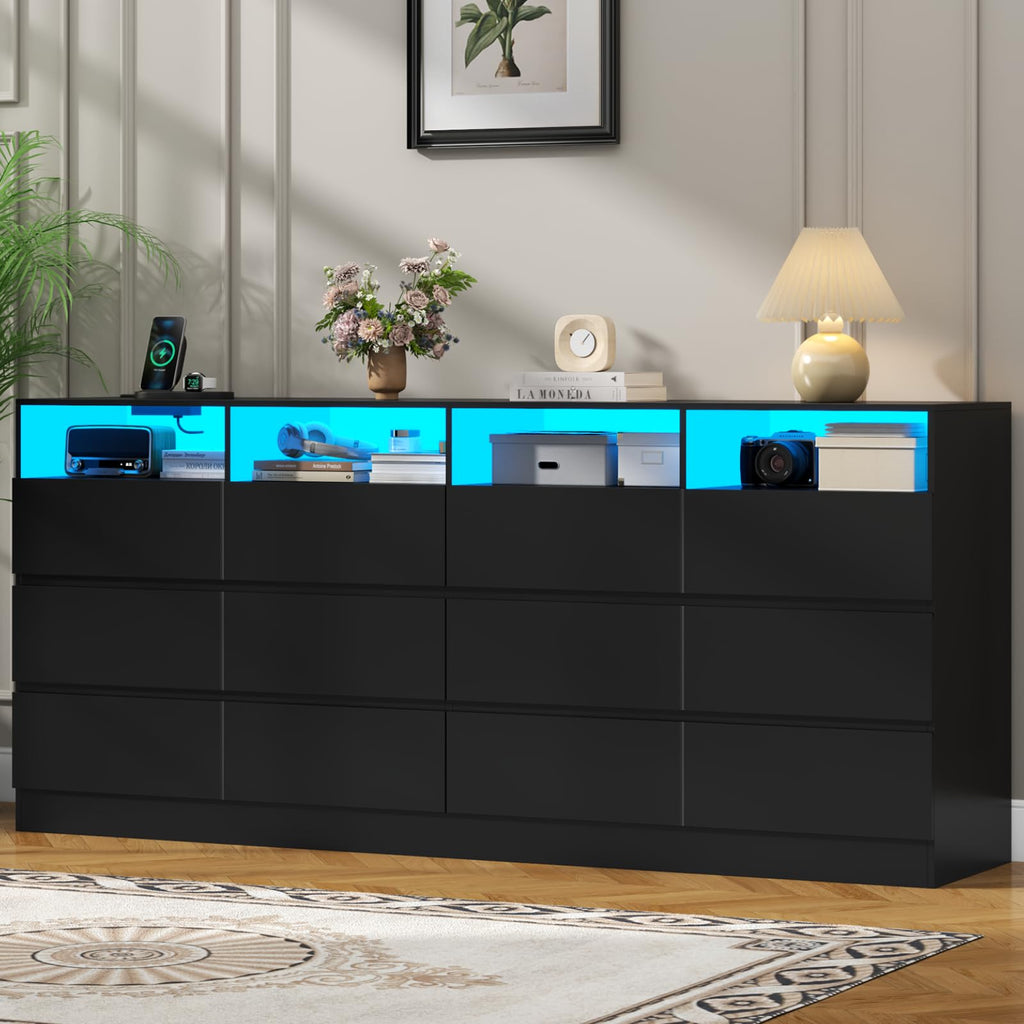 Black 12-Cell Divided Drawers Dresser with Charging Station D468