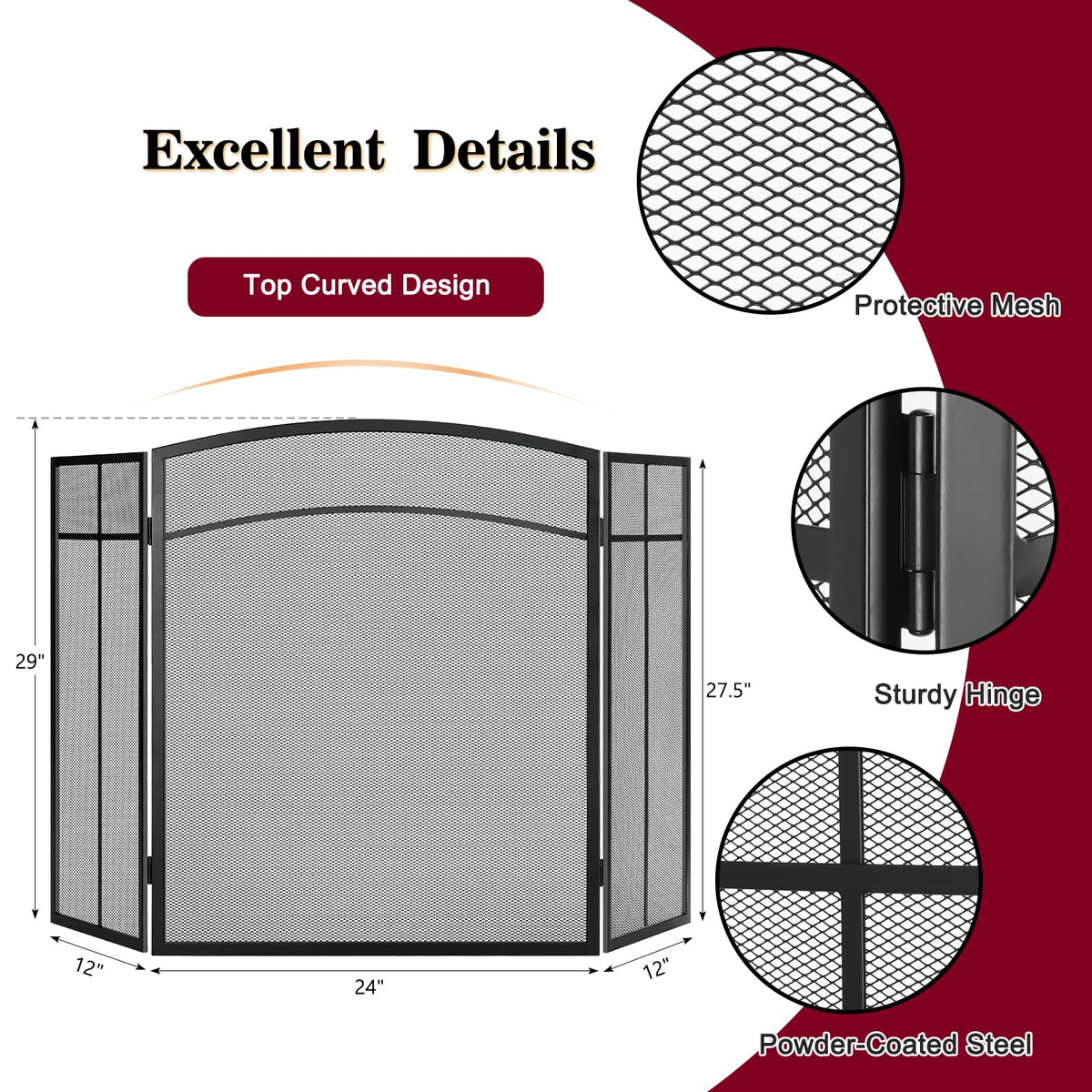 Black 3 Panel Steel Mesh Fireplace Screen T184