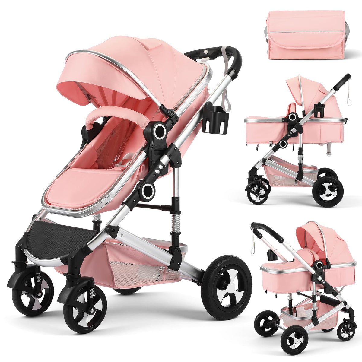 2 in 1 Convertible Baby Stroller, Diaper Bag, Pink Z6039