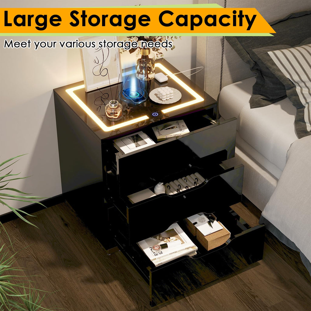 LED Nightstand with Wireless Charging Station 3 Drawers P226889