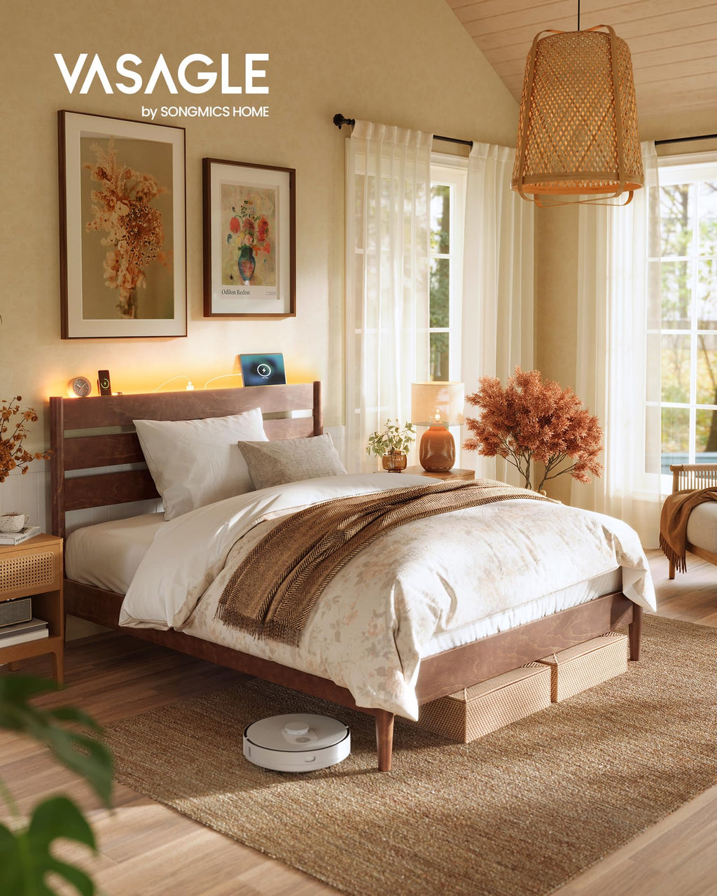 Full Wood Platform Bed with Headboard Storage Shelf B595