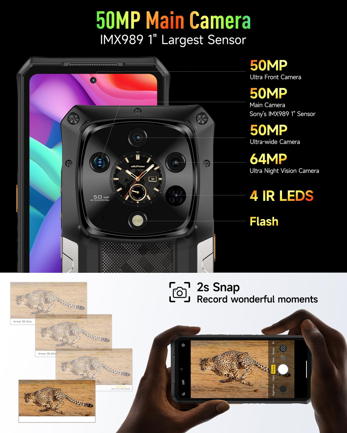 5G AI Rugged Phone, 32GB+1TB/2TB Expansion, 6.67" Dual Screen, 64MP+50MP+50MP Camera, 120W, IP68/IP69K, Android 15 Z57315