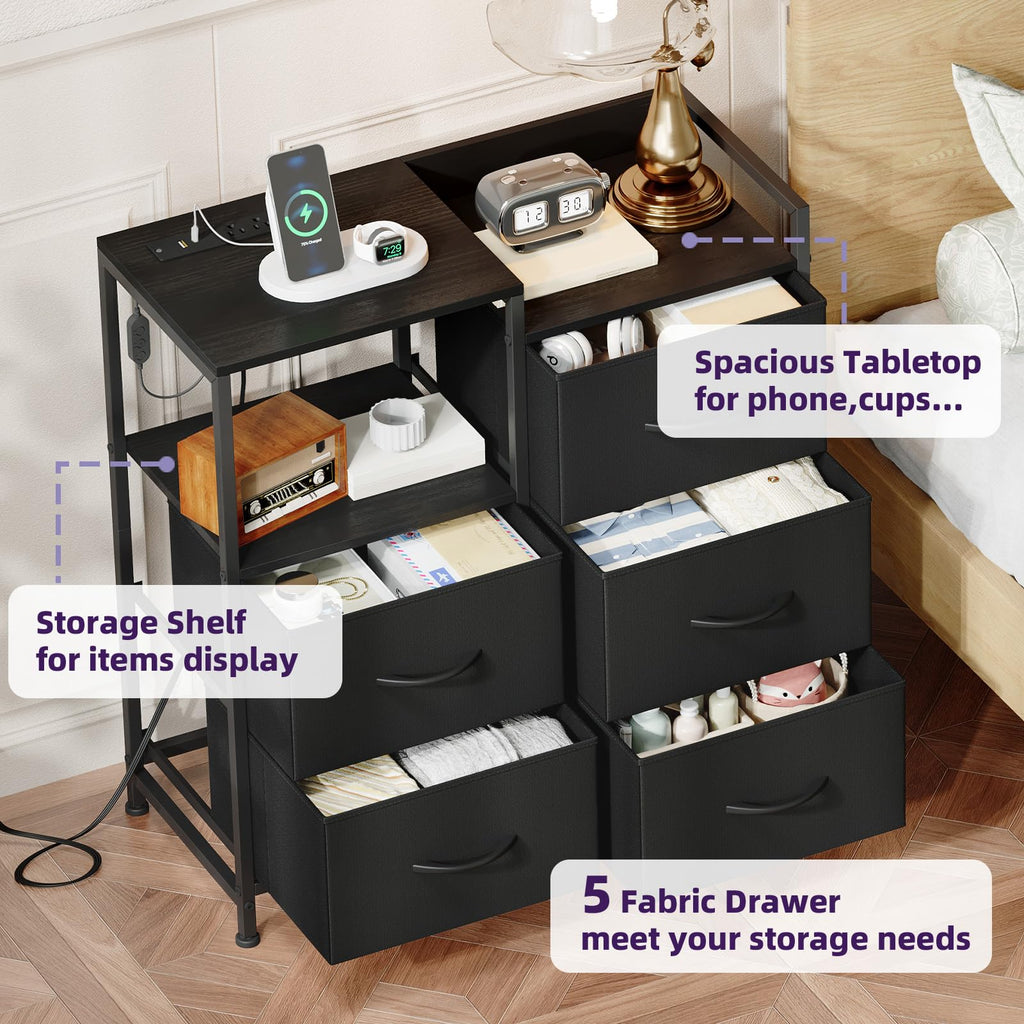 Wide 5 Drawer Nightstand with Charging Station & LED Light R924991
