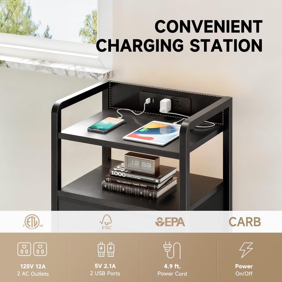 Black 3 Drawer Nightstand with Charging Station N34285