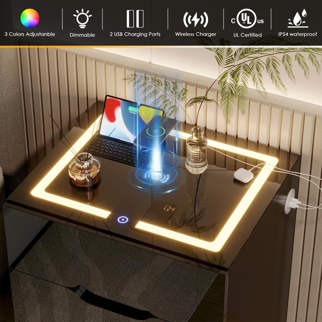 LED Nightstand with Wireless Charging Station 3 Drawers P226889
