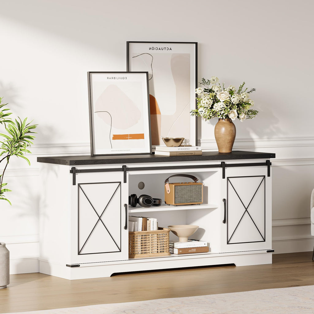 White Rustic Farmhouse TV Stand with Sliding Barn Doors E56816