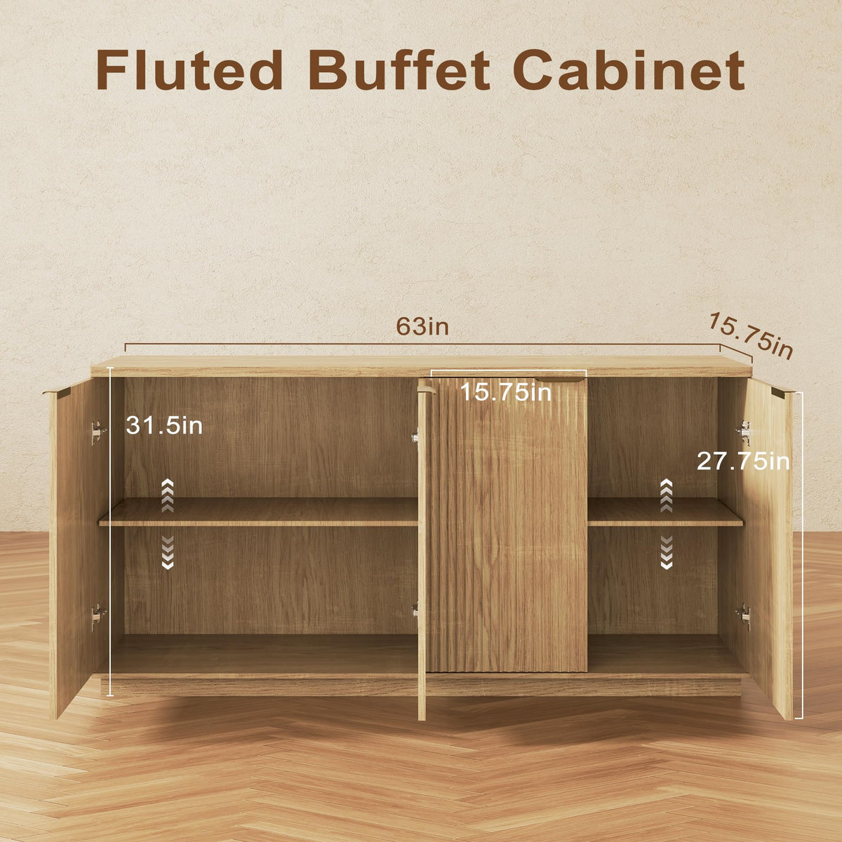 Natural Oak Fluted Wooden Sideboard Cabinet with 4 Doors V649