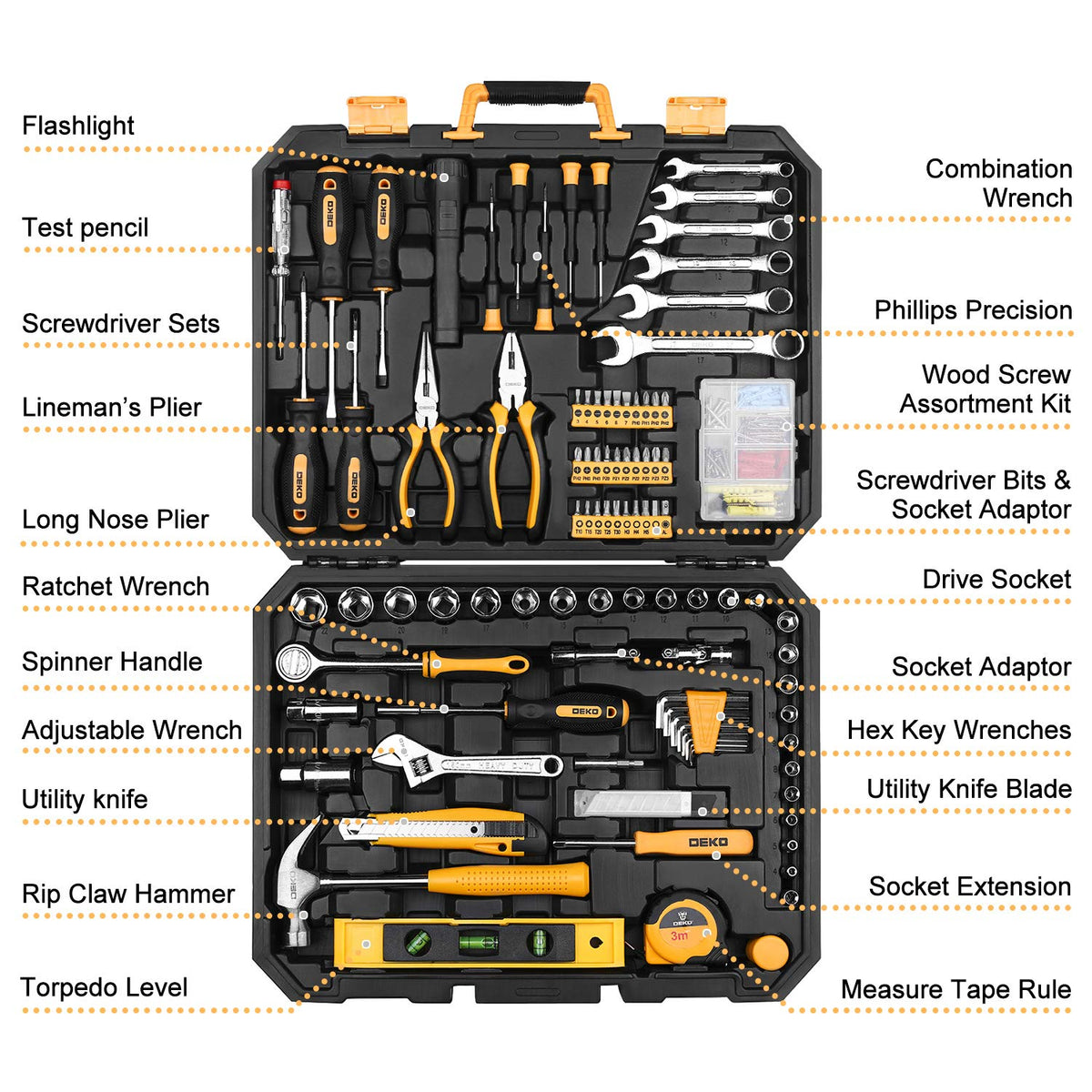208 Piece General Household Hand Tool Kit with Toolbox Storage Case I674