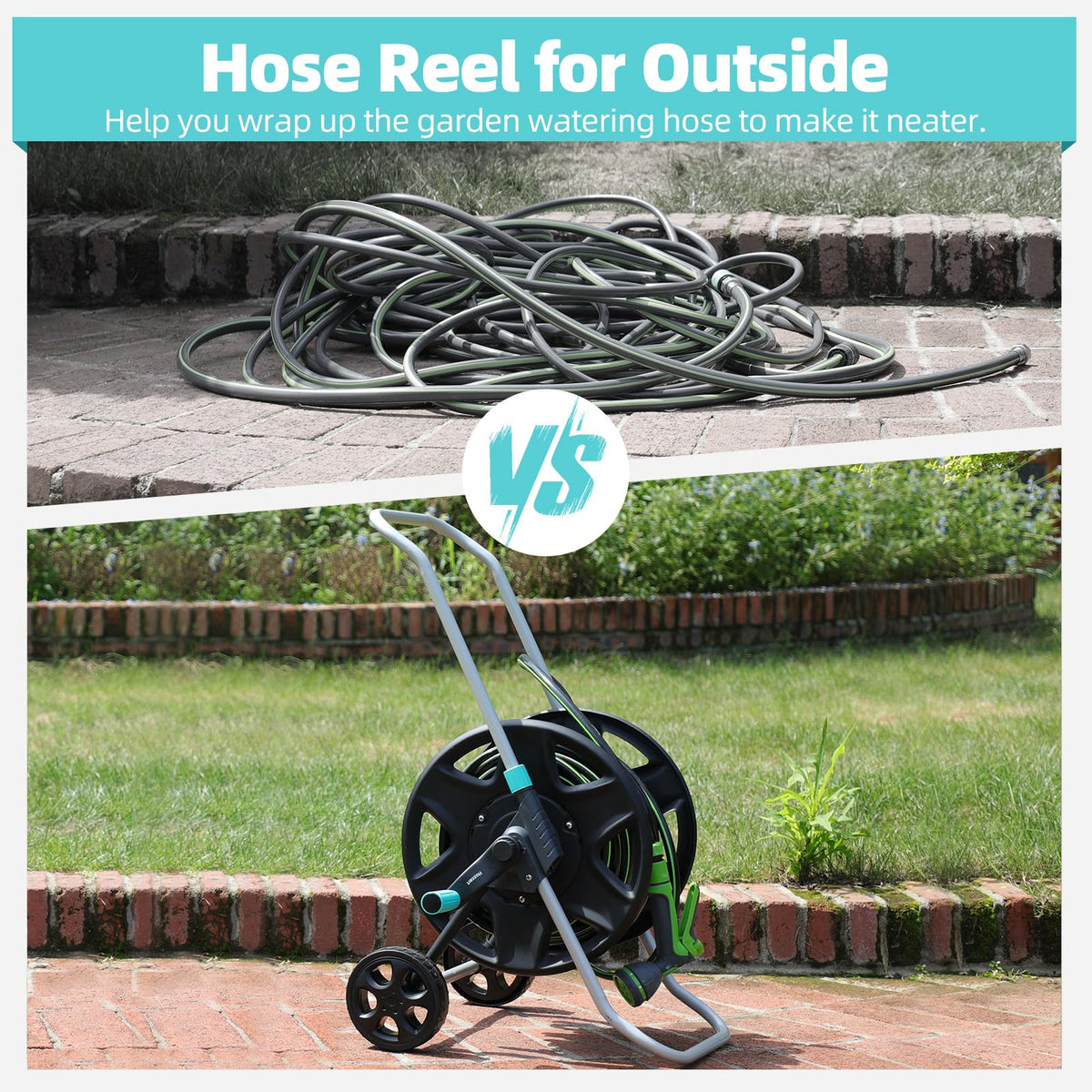 Metal Heavy Duty Garden Hose Reel Cart with Wheels I973608