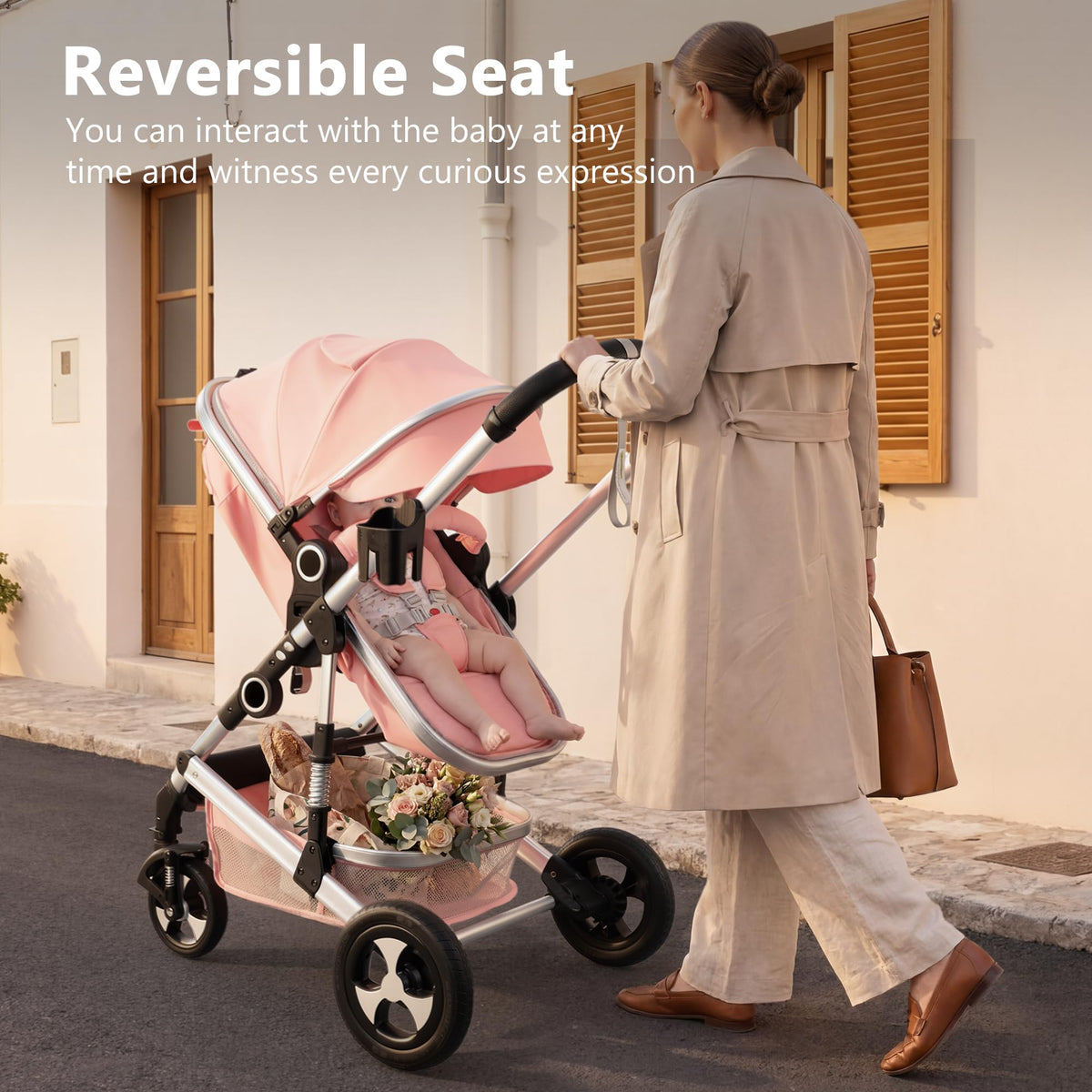 2 in 1 Convertible Baby Stroller, Diaper Bag, Pink Z6039