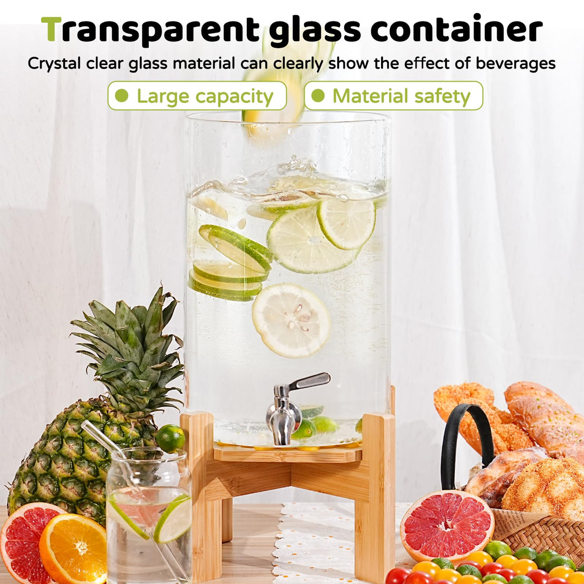 2.2 Gallon Glass Beverage Dispenser with Wood Stand and Stainless Steel Spigot H30534