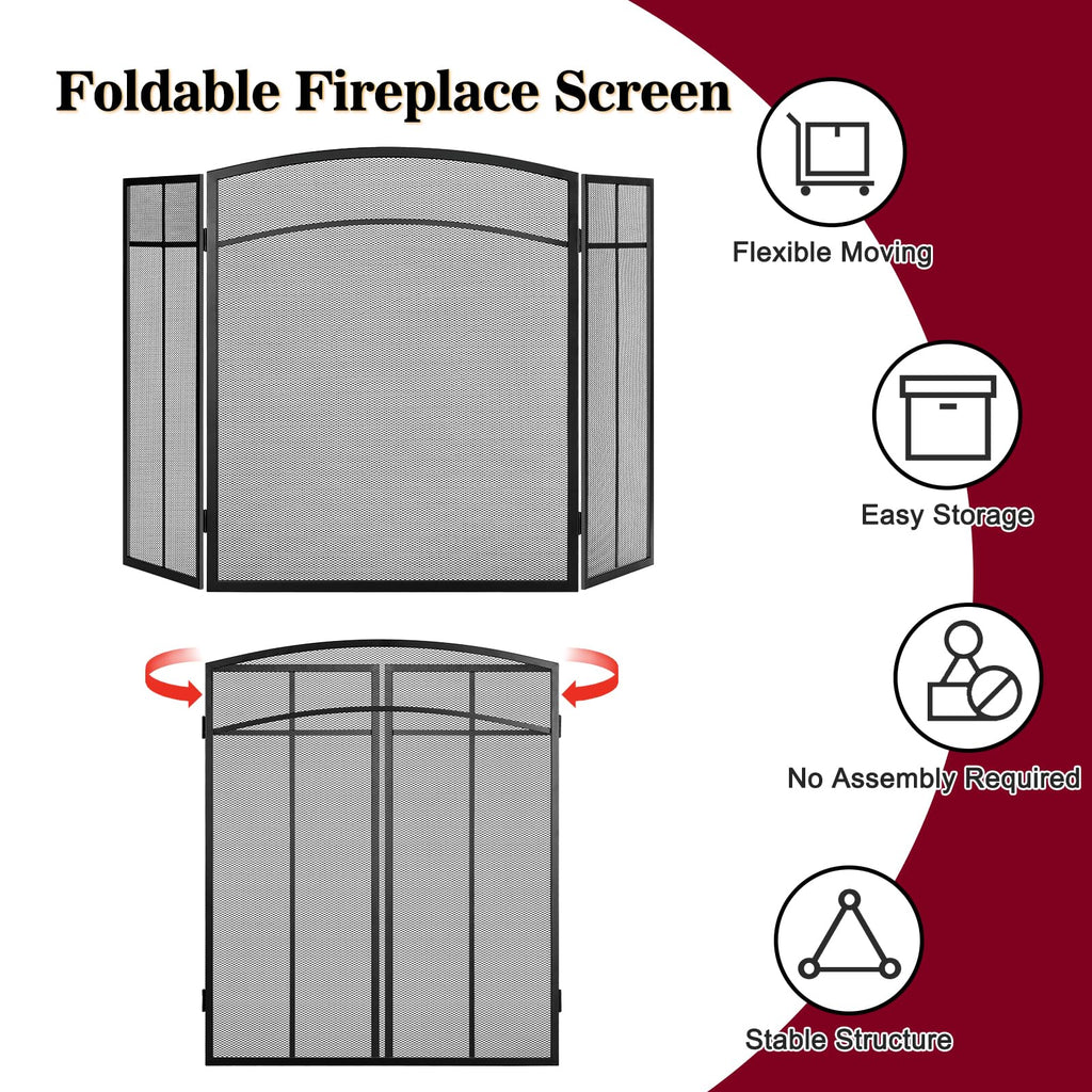 Black 3 Panel Steel Mesh Fireplace Screen T184