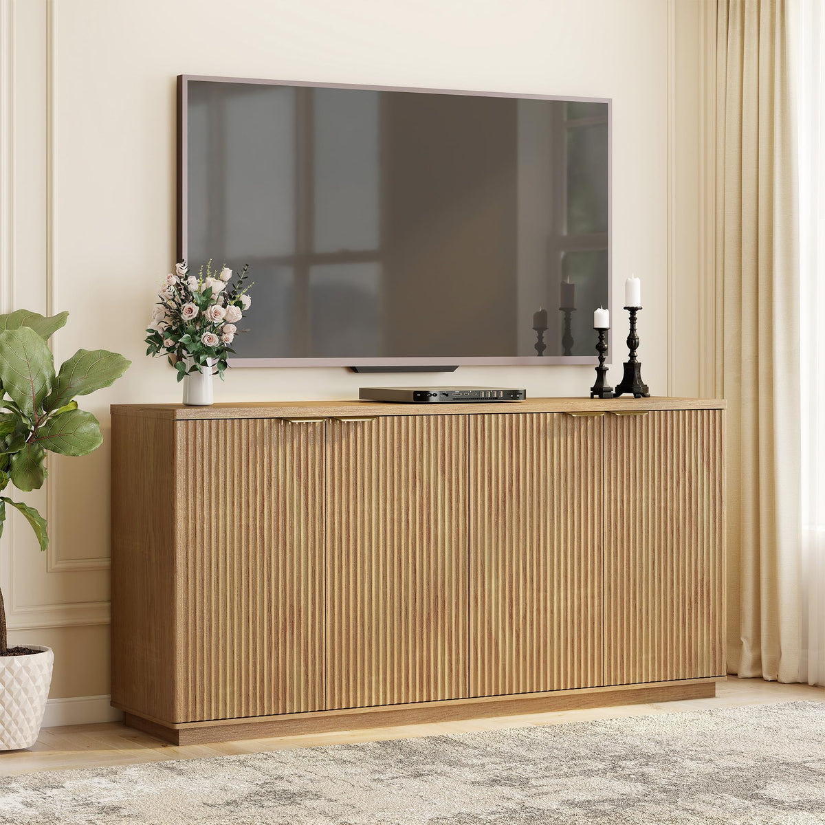 Natural Oak Fluted Wooden Sideboard Cabinet with 4 Doors V649